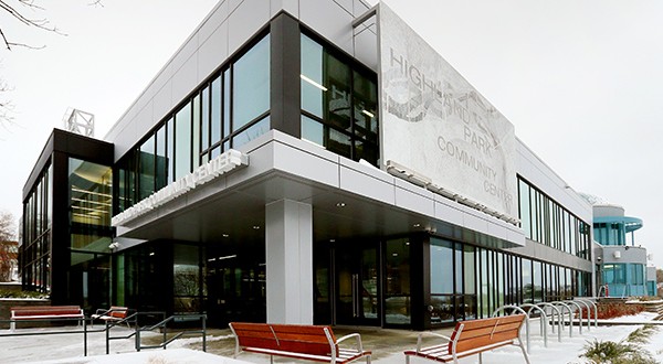 The renovated and expanded Highland Park Community Center features a perforated metal sign depicting the neighborhood's place on the Mississippi River. The structure is hard to miss on a drive up Ford Parkway in St. Paul. (Photo: Bill Klotz)